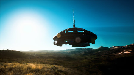 A sleek, futuristic spacecraft floats gracefully above a sprawling plain, illuminated by the warm glow of the setting sun.の写真素材