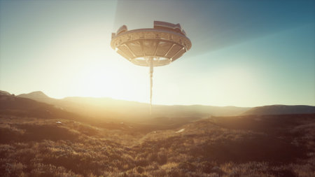 A futuristic spacecraft floats gracefully above a vast, untouched landscape as the sun sets in the background. The golden light casts long shadows across the terrain, creating an ethereal atmosphere.の写真素材