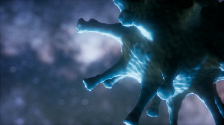 In a captivating blend of science and art, a detailed representation of a microscopic structure glows against a shimmering cosmic backdrop. The fusion of biology and the universe creates awe.の写真素材