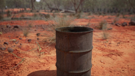 In a parched outdoor setting, a rusty metal barrel rises among dry earth and sparse vegetation,...