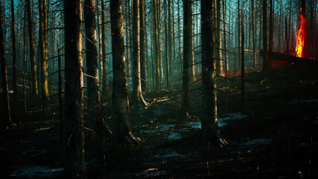 Smoky remnants of a forest stand tall, with charred trees bathed in twilight. Fiery colors illuminate the backdrop, showcasing natures resilience against devastation.の写真素材