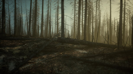 Amidst charred tree stumps and fallen branches, the forest stands silent as a testament to natures endurance, softly lit by the evening sun filtering through the smoky haze.の写真素材