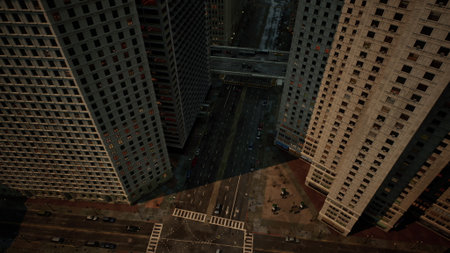 High above a bustling city intersection, towering skyscrapers cast long shadows on the street below....