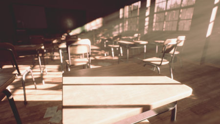 Warm sunlight filters through tall windows, casting soft shadows across abandoned desks in a serene classroom. This peaceful moment captures the essence of quiet learning, inviting reflection.の写真素材