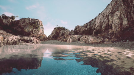 Rocky cliffs frame a serene lagoon, reflecting the azure sky and surrounded by vibrant vegetation....