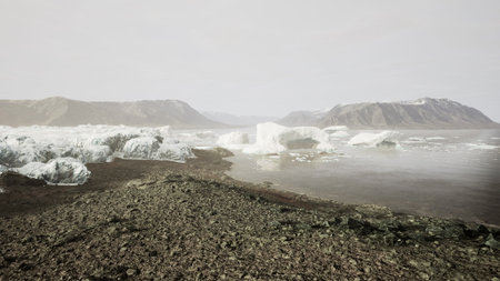 In a tranquil landscape, large icebergs float peacefully in calm water, surrounded by distant hills...