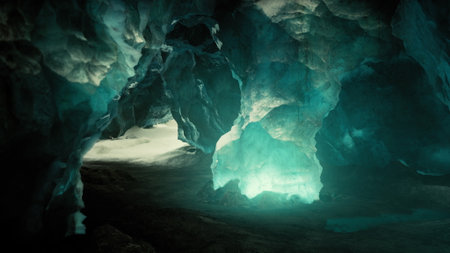 Majestic ice caves reveal shimmering turquoise colors as light filters through. Natural formations...