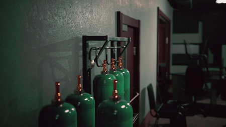In a dimly lit gym, green tanks are neatly arranged on a wall. The atmosphere hints at intense weightlifting sessions and strong determination from dedicated athletes.の写真素材