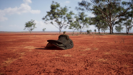A worn hat lies on cracked red soil in a vast landscape of Australia. The scene captures the harsh beauty of the arid environment under a clear blue sky, dotted with distant trees.の写真素材