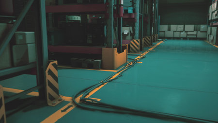 In a spacious warehouse, neatly arranged shelves hold various boxes. A path marked by yellow lines leads deeper into the facility. Cables lie along the floor, connecting different areas.の写真素材