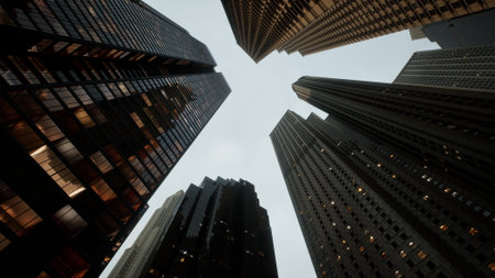 Tall buildings stretch up into the gray sky, their glass facades reflecting surrounding structures. A sense of urban hustle and bustle fills the atmosphere as evening approaches.の写真素材