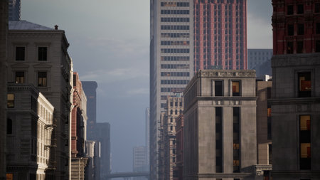 Tall buildings stretch towards the sky as the sun sets, casting a warm glow over the urban landscape. The streets below are quiet, creating a serene atmosphere in the city.の写真素材