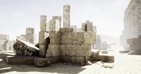 Weathered stone ruins are scattered across a sandy desert landscape, surrounded by tall columns and creating an atmosphere of ancient history and mystery. The sun casts a soft light over the site.の写真素材