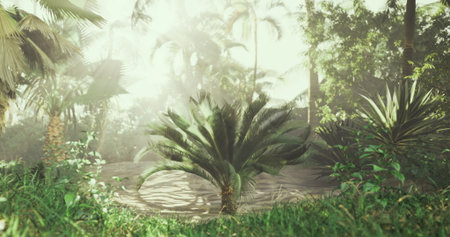 A vibrant jungle is filled with diverse plants and trees, creating an enchanting atmosphere. Soft mist hovers above the ground, enhancing the tranquility of the secluded environment.の写真素材