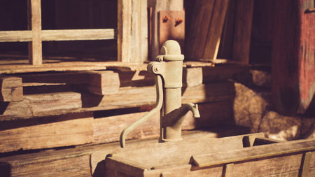 A rustic water pump stands prominently beside a wooden structure, bathed in warm golden hour light, showcasing its weathered texture and nostalgia of a bygone era.の写真素材