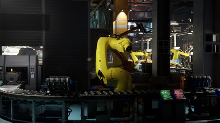 A bright yellow robotic arm skillfully arranges products on a conveyor belt within a factory. The environment is bustling with machinery, showcasing advanced automation.の写真素材
