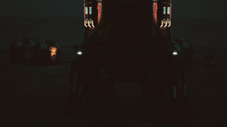 A Mars colony base stands prominently against the dark landscape, illuminated by lights from nearby exploration vehicles. The scene emphasizes the isolation and innovation of space exploration.の写真素材