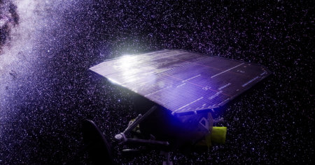 The deep impact spacecraft navigates through the vastness of space, capturing stunning celestial sights as it studies cosmic phenomena amidst distant stars and galaxies.の写真素材