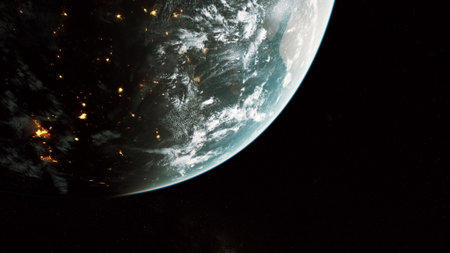 The Earth as seen from space during nighttime, showcasing illuminated cities and the natural glow of the planets atmosphere.の写真素材