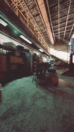 An old auto repair shop converted into a bustling warehouse, filled with numerous boxes and various machinery.の写真素材