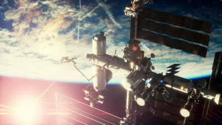 International Space Station in outer space over the planet Earth orbit. Elements of this image furnished by NASA.の写真素材