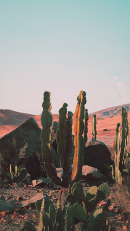 A vast collection of towering cactus plants thriving in the arid desert landscape of Monument Valley.の写真素材