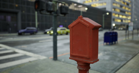 A red mailbox is prominently displayed at the curbside, with blurred vehicles passing by in the background. The street is alive with evening activity and city lights.の写真素材