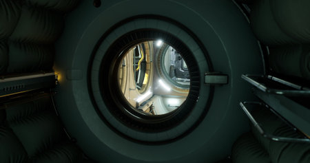 A circular view into the interior of a spacecraft module reveals organized equipment and glowing lights. The setting is in low Earth orbit, showcasing advanced technology and structure.の写真素材