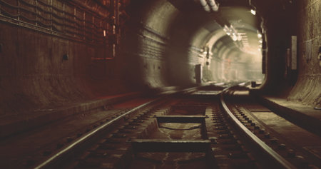 Inside an underground tunnel, dimly lit with soft glowing lights, train tracks stretch into the distance. The atmosphere evokes a sense of intrigue and exploration, surrounded by concrete walls.の写真素材
