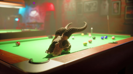 Bull Skull and Gazelle Skull on Pool Table