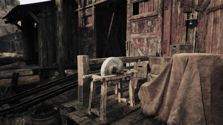 Mounted on a wooden frame of an old grinding stoneの写真素材