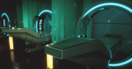 Inside a high tech research facility on Mars, sleek equipment and glowing elements create an...