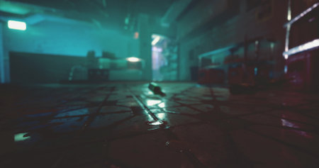 A dimly lit corridor features a shiny, wet floor reflecting blue and purple hues. Items are scattered in the background, creating an eerie yet intriguing ambiance.の写真素材