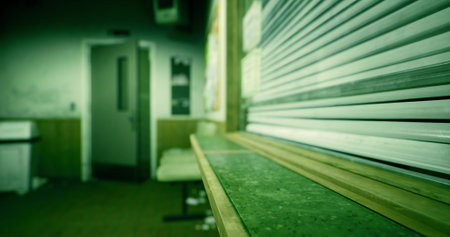 An empty room features a long wooden countertop and a closed metal shutter. The space appears...