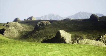 Expansive view of rocky terrain and vibrant green grass under a clear sky. Mountains rise majestically in the distance, creating a serene and natural environment.の写真素材