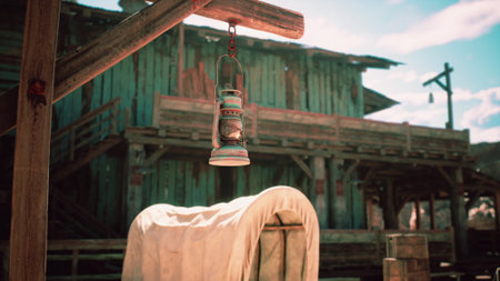 A classic lantern dangles from timber near a covered wagon in a dusty old western town, capturing a moment in the historic frontier lifestyle under a bright blue sky.の写真素材