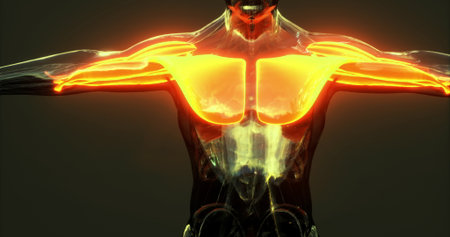 This depiction highlights the muscles of the human torso, showcasing their structure and relationship. The glowing effect emphasizes the musculature, aiding in educational purposes.の写真素材