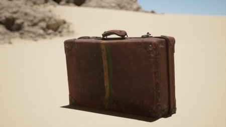 An abandoned suitcase sitting on a sandy beach with desert rocks in the backgroundの写真素材