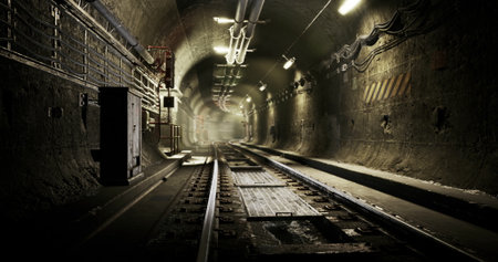 A disused underground tunnel features train tracks extending into the distance. Dim lighting casts...