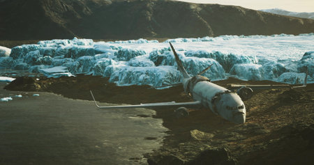 An old airplane rests on the shore, surrounded by glacial ice. The sun sets behind the mountains,...