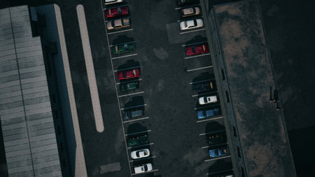 An overhead perspective of a parking lot filled with cars parked in designated spaces.の写真素材