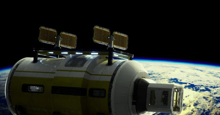 A futuristic space habitat module orbits Earth, showcasing solar panels on top. The planets blue...