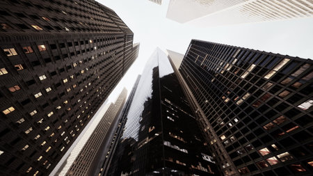 A mesmerizing perspective capturing the allure and grandeur of towering skyscrapers in a bustling cityscape.の写真素材