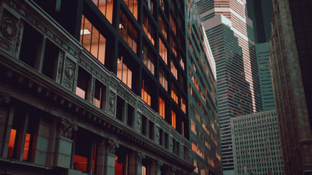 As the sun sets, warm orange hues glow in tall buildings. The contrast between historic and...