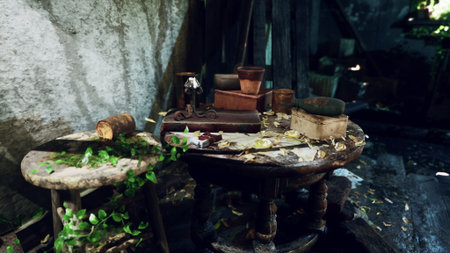 An old wooden table sits in a dark, abandoned room, covered in dust and surrounded by green plants. Vintage items rest atop the table, adding character to the scene.の写真素材