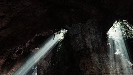 Soft rays of sunlight pierce through the dark opening of a cave, illuminating the rugged rock walls and lush green foliage. This serene moment showcases natures enchanting charm.の写真素材