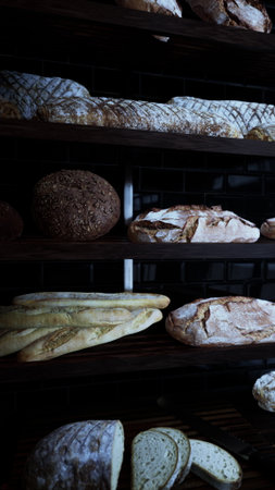 Warm, golden loaves of bread sit elegantly on wooden shelves. Different shapes and textures create a rustic charm in the softly lit bakery. The scent of fresh bread fills the air, inviting all.の写真素材