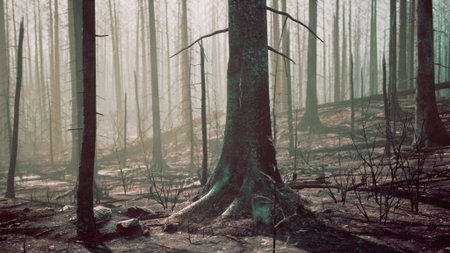 Charred trees stand tall in a forest, remnants of a recent fire. The sunlight filters through the...