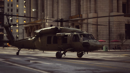 A military helicopter stands ready on a deserted city street as evening settles in. The glowing...