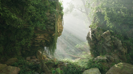 In a serene forest, sunlight breaks through dense foliage, illuminating moss covered rocks and...